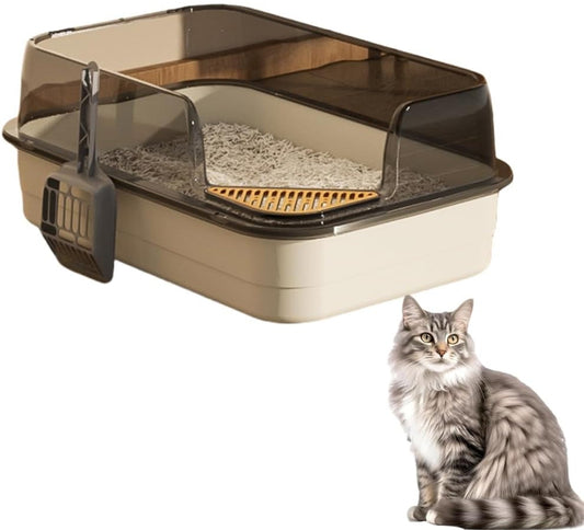 Semi-Enclosed Large Cat Litter Box with High Walls & Anti-Tracking Pedal Spacious Open Top Kitty Toilet Tray with Scoop for Multi-Cat Homes