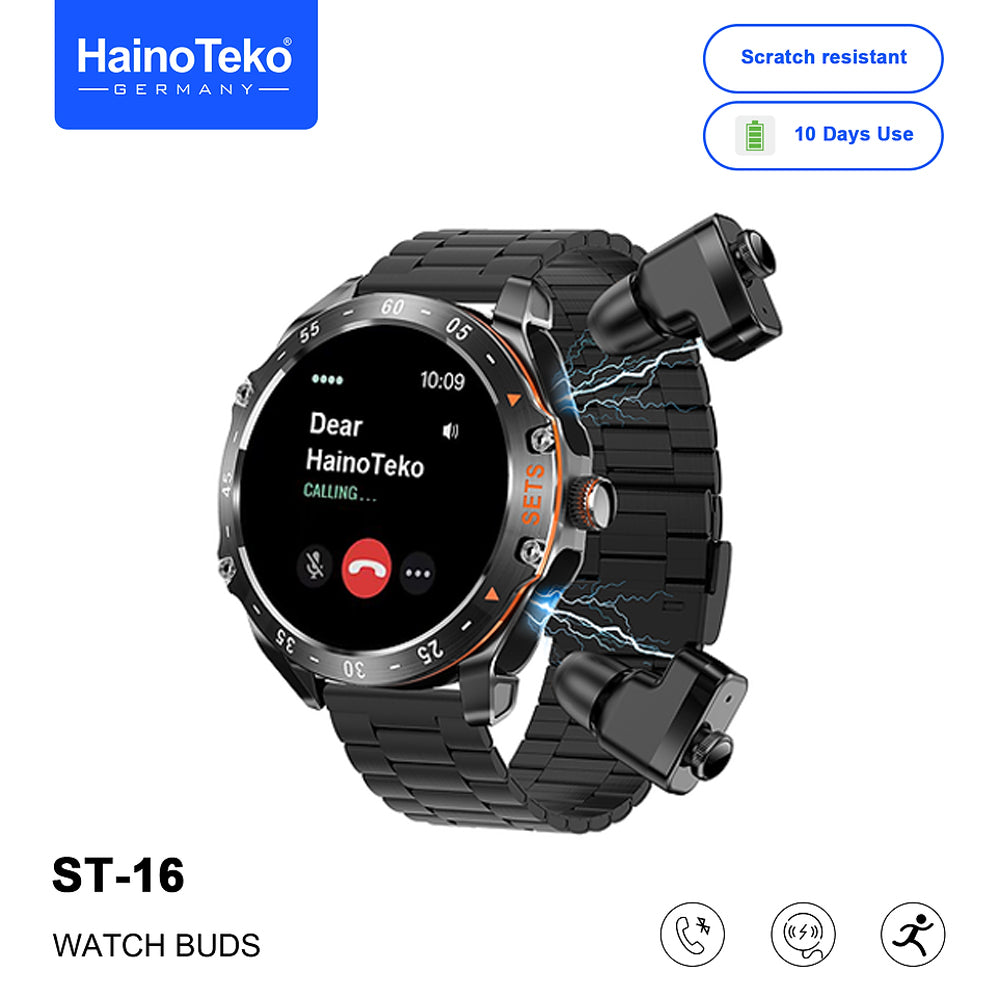 HainoTeko ST-16 Watch Buds Smartwatch with Built-in Wireless Earbuds AMOLED Display, Bluetooth Calling, 3 Interchangeable Straps, 10-Day Battery Life and Charging Cable Designed for Men