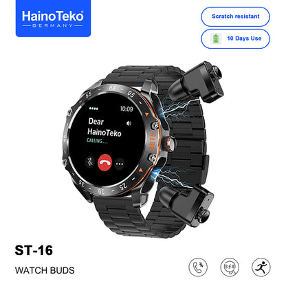 HainoTeko ST-16 Watch Buds Smartwatch with Built-in Wireless Earbuds AMOLED Display, Bluetooth Calling, 3 Interchangeable Straps, 10-Day Battery Life and Charging Cable Designed for Men