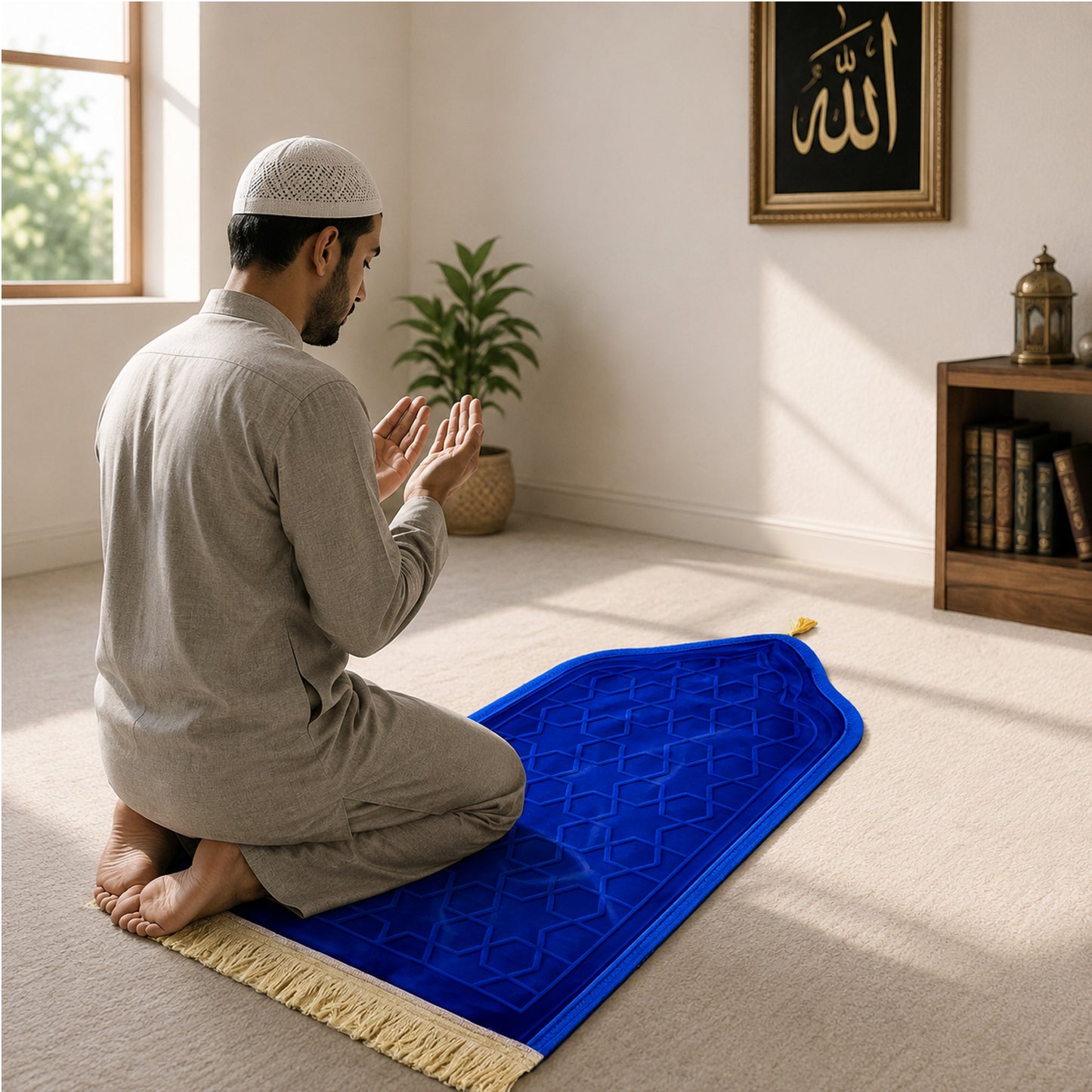 Luxury Velvet Islamic Prayer Mat with Mihrab Design & Decorative Fringe Soft Plush Muslim Salah Prayer Rug, 60 x 35 cm