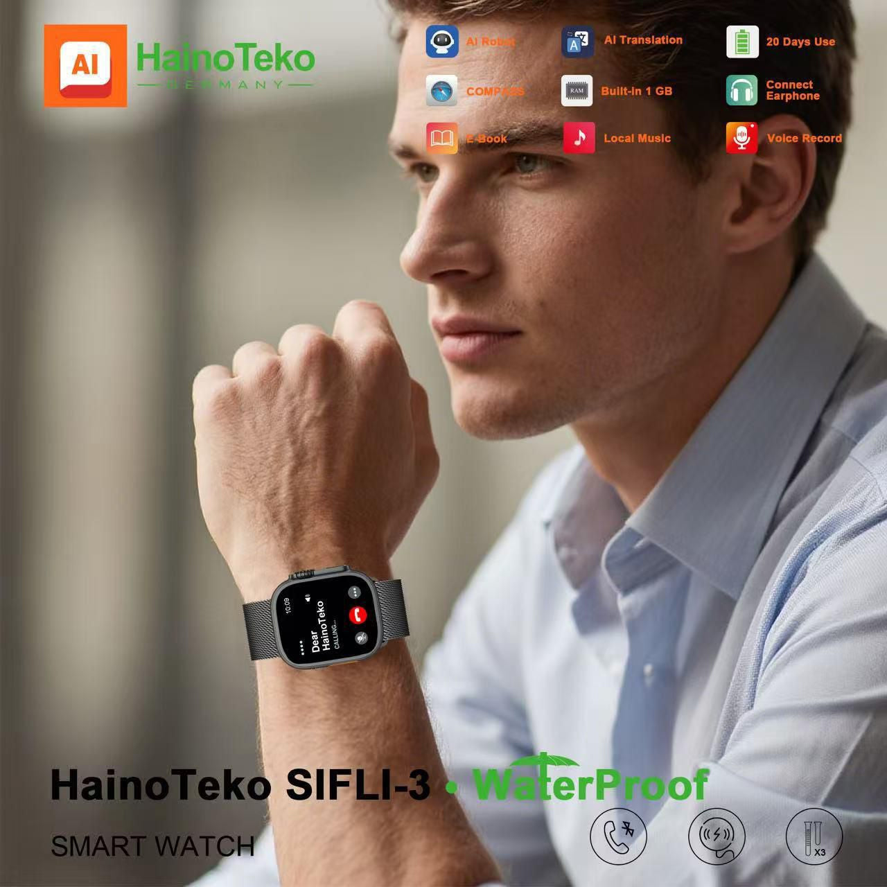 HainoTeko SIFLI-3 Waterproof Design Smart Watch with 2.02 Inch AMOLED Display BT Calling AI Translation 20 Days Battery Backup 3 Pair Straps and Charging Cable Designed for Men