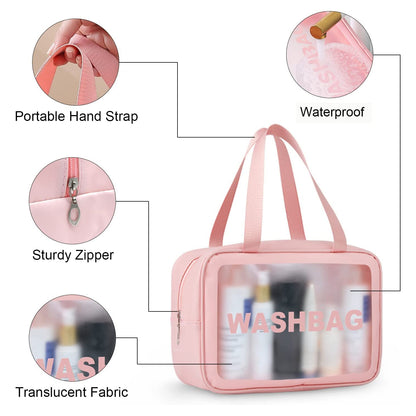 Set of 3 Waterproof Travel Wash Bags with Transparent Window Zipper Closure & Carry Handle – Portable Cosmetic, Toiletry & Makeup Organizer Set for Travel, Bathroom & Daily Use