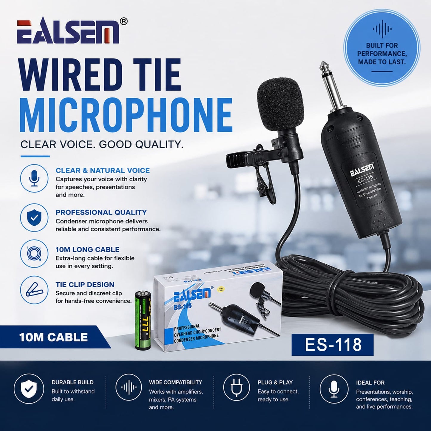 EALSEM ES-118 Wired Tie Clip Condenser Microphone with 10M Cable, 6.35mm Jack, Plug & Play Lapel Mic for Amplifiers, PA Systems, Presentations, Teaching, Conferences & Live Performances Black