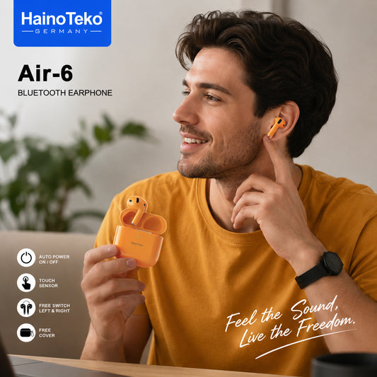 HainoTeko Air-6 TWS Bluetooth Earbuds with Charging Case Built-in Speaker, Touch Control and HD Microphone Compatible With Android Mobiles and Tablets Orange