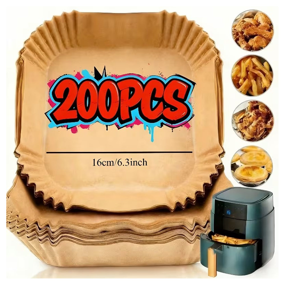 200 Pieces Square Air Fryer Paper Sheet Liners Disposable Greaseproof & Waterproof Parchment Trays for Cooking, Baking, Roasting Non-Stick Air Fryer Liners