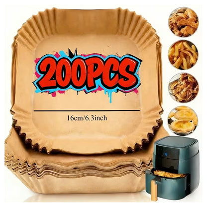 200 Pieces Square Air Fryer Paper Sheet Liners Disposable Greaseproof & Waterproof Parchment Trays for Cooking, Baking, Roasting Non-Stick Air Fryer Liners
