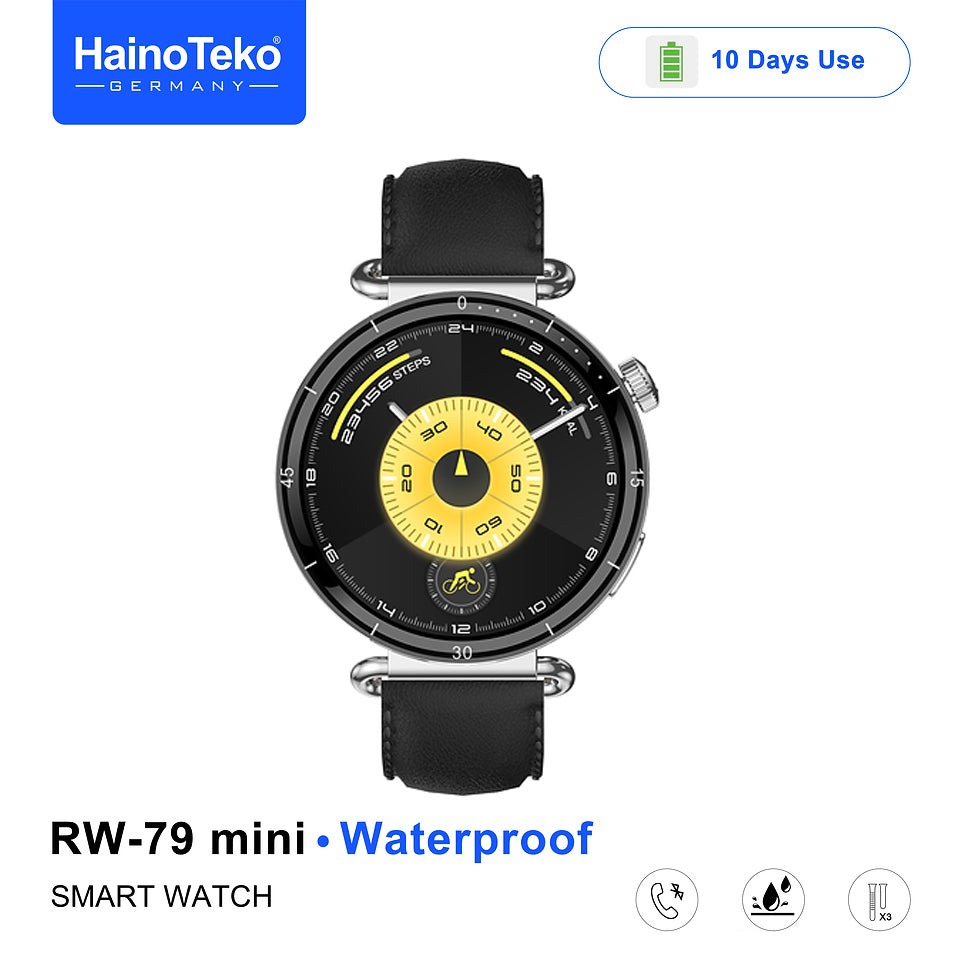HainoTeko RW-79 Mini Waterproof Smart Watch with AMOLED Display Bluetooth Call 3 Interchangeable Straps and Charging Cable Designed for Ladies