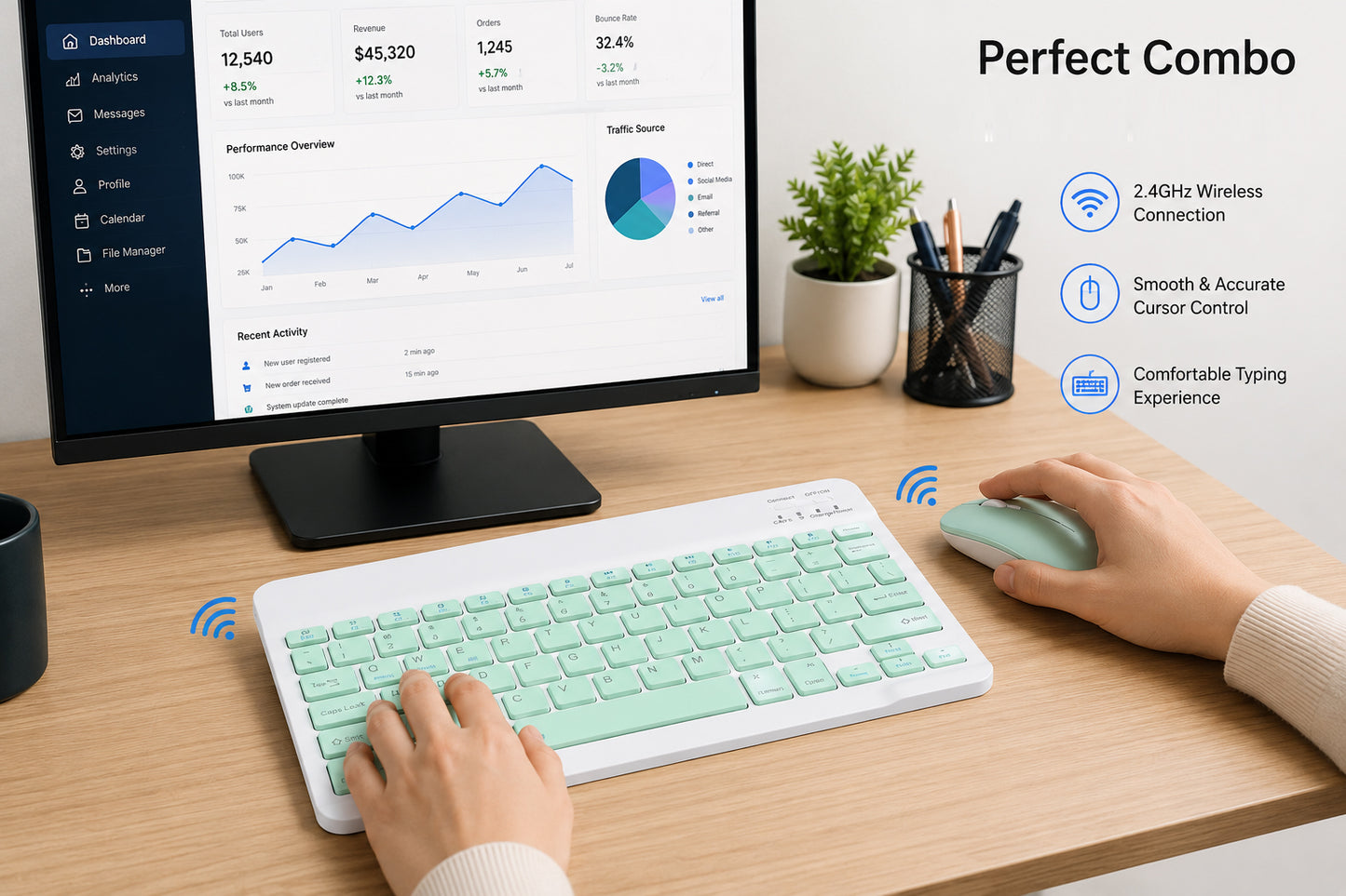 Wireless Rechargeable Keyboard & Mouse Combo with 2.4GHz USB Receiver, Silent Keys, Ergonomic Slim Design, Multi-Device Compatible for Windows, Android & iOS