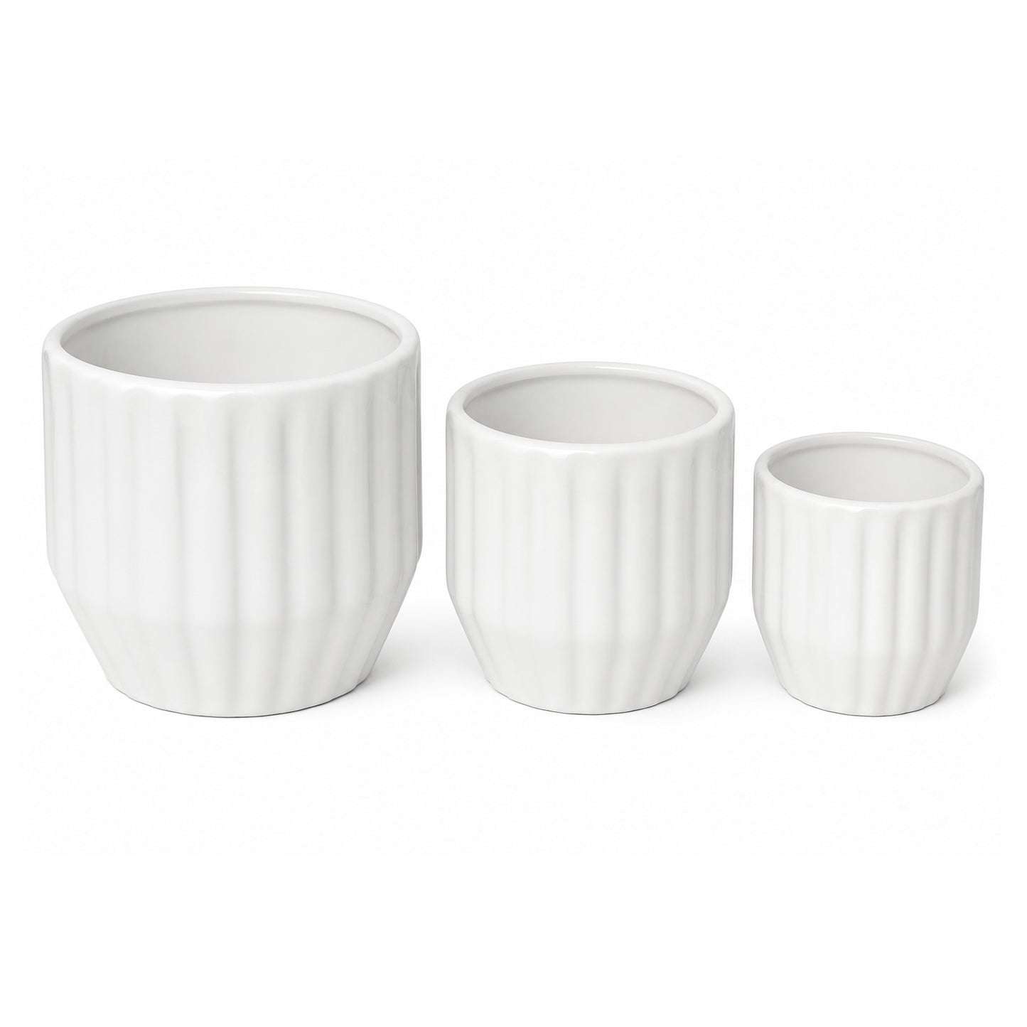 Decorative Ceramic Plant Pots Set of 3 for Indoor & Outdoor Plants – Modern Ribbed Flower Planters, White Ceramic Pots for Home, Office, Balcony, Garden & Living Room Décor