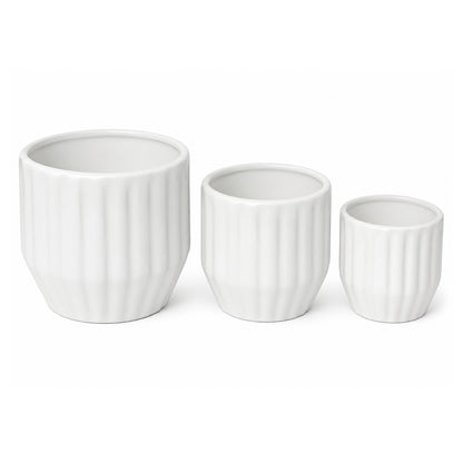 Decorative Ceramic Plant Pots Set of 3 for Indoor & Outdoor Plants – Modern Ribbed Flower Planters, White Ceramic Pots for Home, Office, Balcony, Garden & Living Room Décor