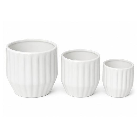 Decorative Ceramic Plant Pots Set of 3 for Indoor & Outdoor Plants – Modern Ribbed Flower Planters, White Ceramic Pots for Home, Office, Balcony, Garden & Living Room Décor