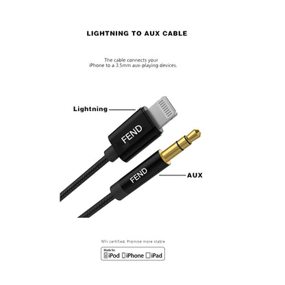 Fend Lightning to 3.5mm Aux Audio Cable Aux Cord for iPhone iPad to Car Home Stereo Speaker with 3.5mm Headphone Jack Adapter Support fabric Strong cable Black