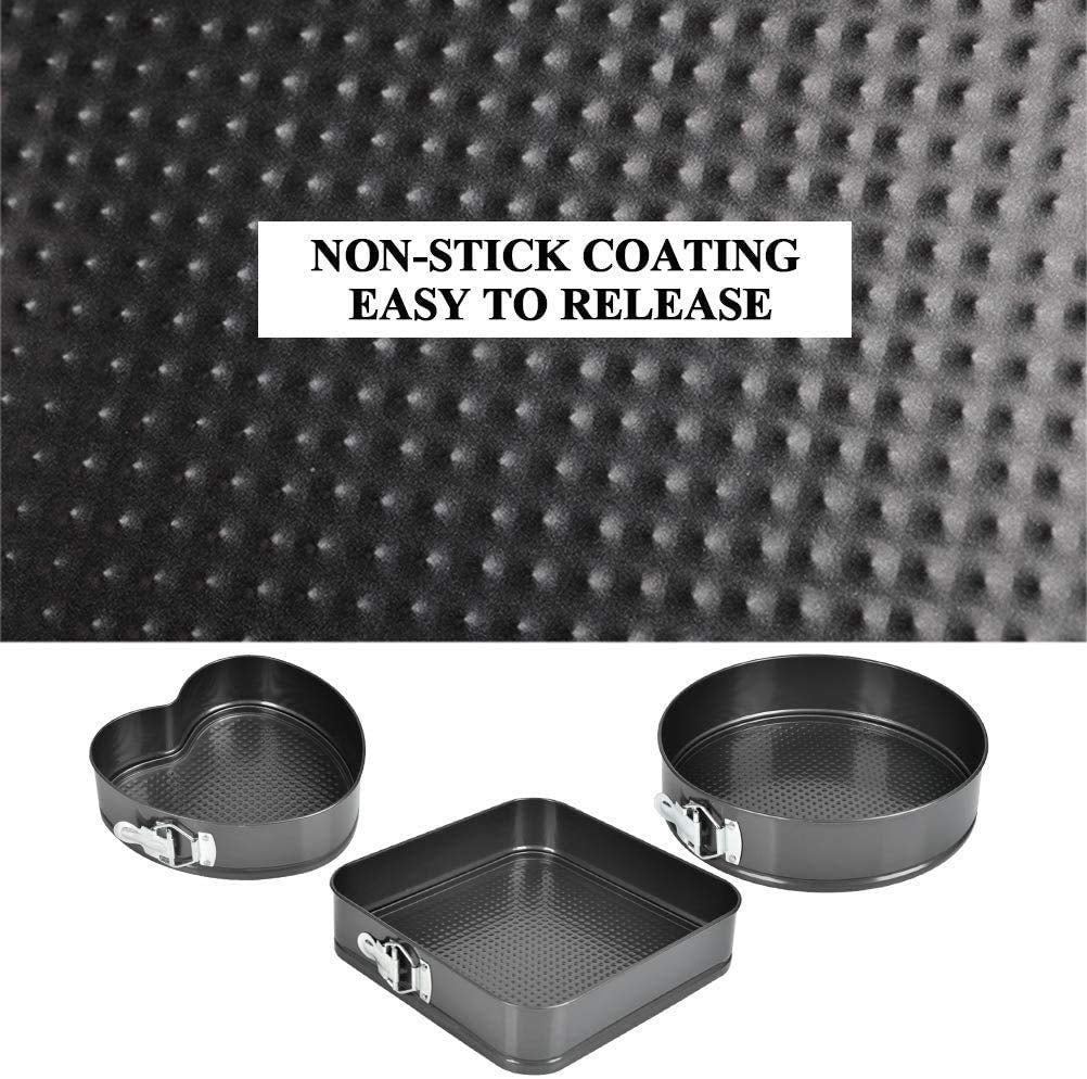 3-Piece Non-Stick Springform Cake Baking Pan Set Round, Heart & Square Shapes with Quick-Release Latch, Carbon Steel Bakeware Mould Set