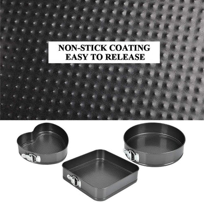 3-Piece Non-Stick Springform Cake Baking Pan Set Round, Heart & Square Shapes with Quick-Release Latch, Carbon Steel Bakeware Mould Set
