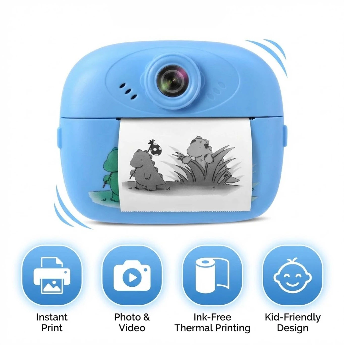 KC02 Kids Instant Print Camera Thermal Printing Camera for Children with 2.4” LCD Screen | Video Recording | MP3 Player | Rechargeable Battery | Includes Print Paper Blue