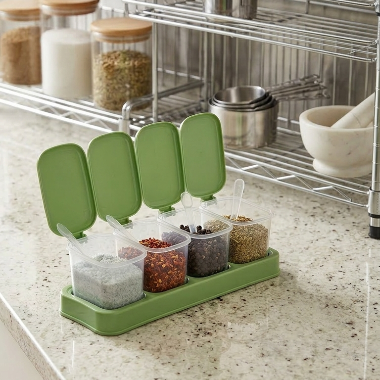 4 Piece Seasoning Box Set with Serving Spoons, Clear, Flip Lids, Non-Slip Tray, Dust-Proof Storage Containers for Salt, Sugar, Pepper, Spices and Try Fruit