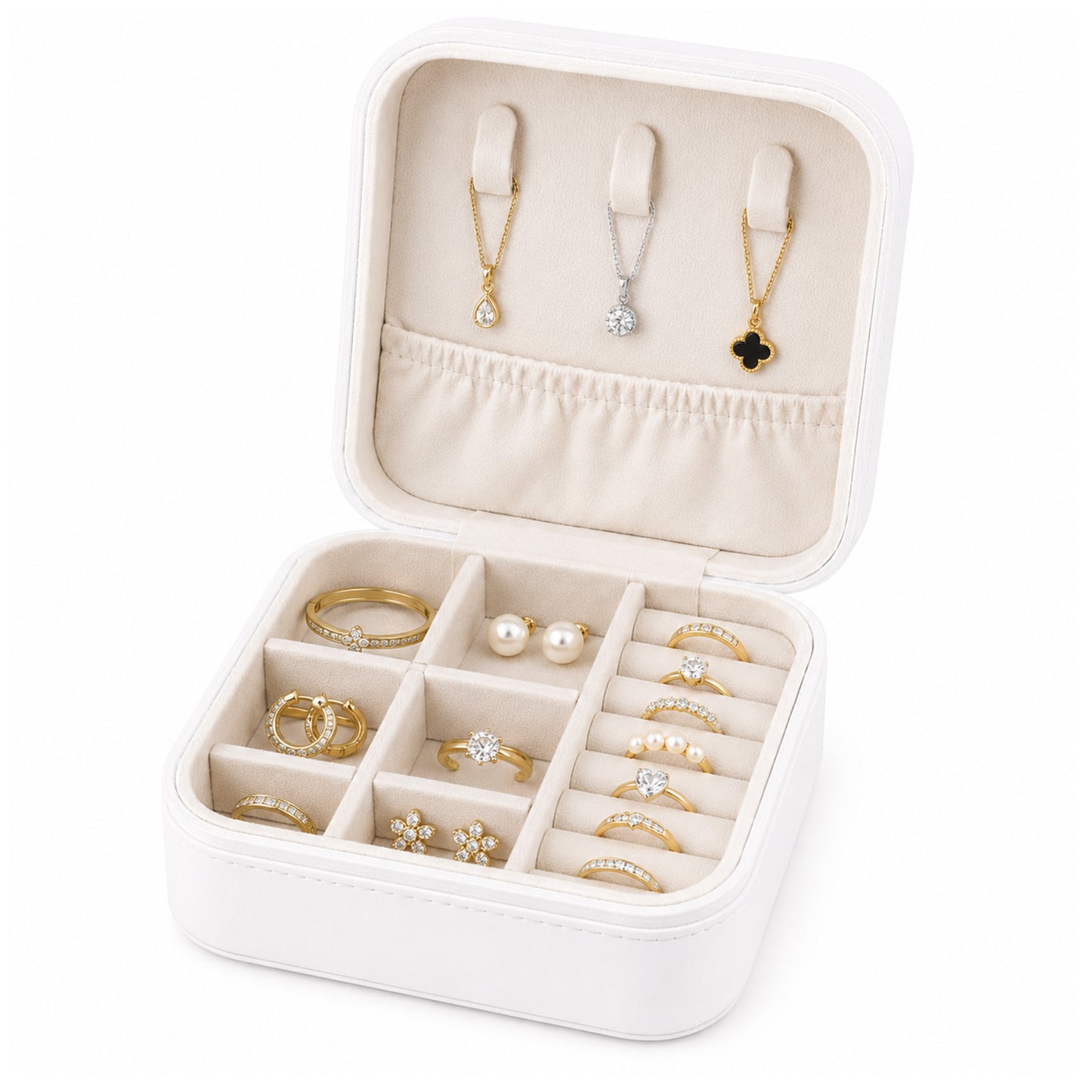 Portable Travel Jewelry Organizer Box with Zipper Compact Jewelry Storage Case for Rings, Earrings, Necklaces, Bracelets, Watches & Small Accessories