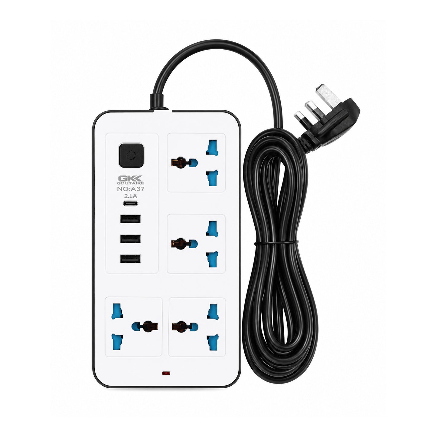 GKK GUOKANG A37 Power Extension Board with 4 Universal Sockets, 3 USB Ports & 1 PD Fast Charging Port, 2000W, 2m Power Cord, 10A Multi Plug Extension Socket – White