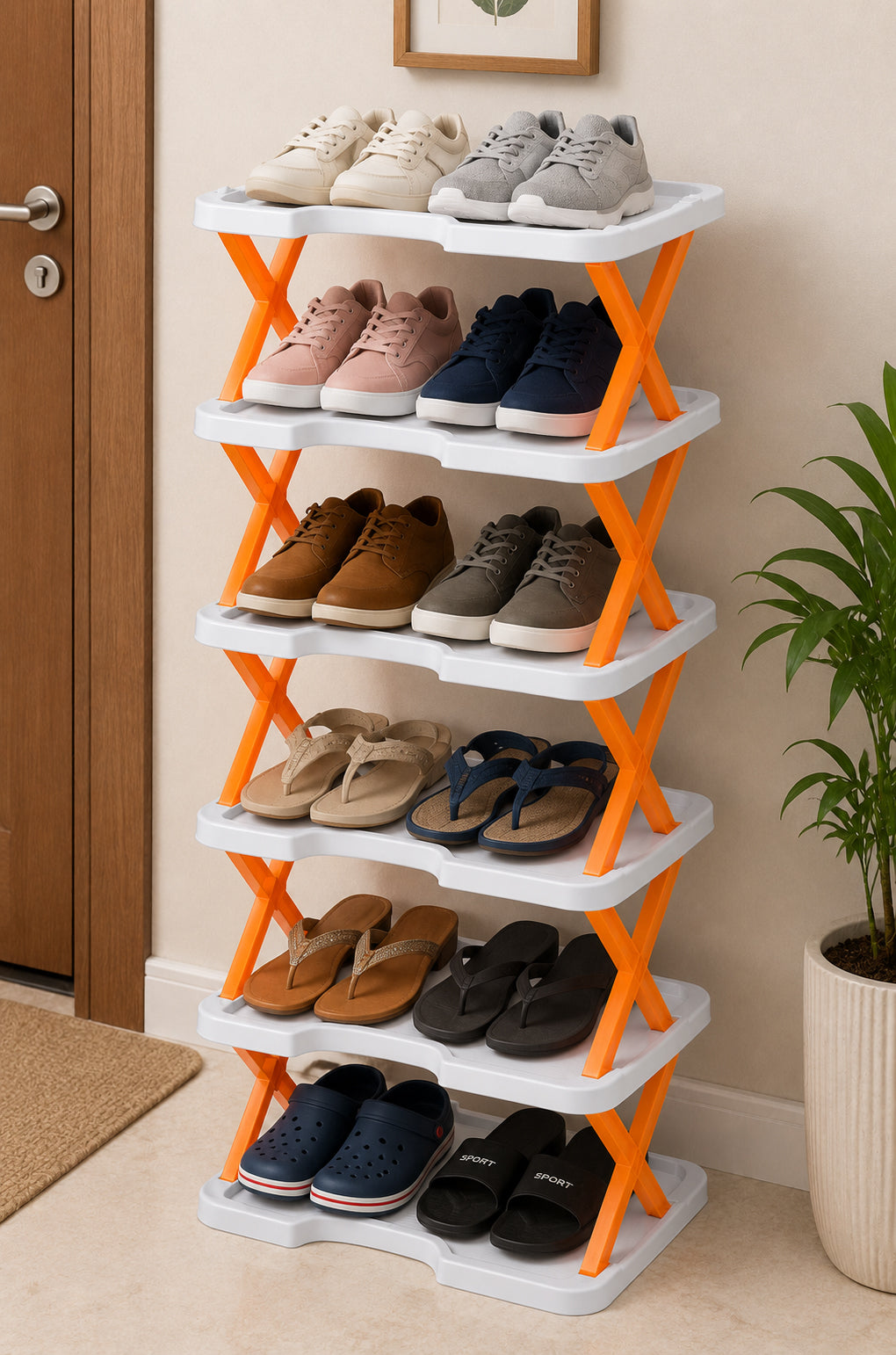 6-Tier Shoe Rack Storage Organizer with Sturdy X-Frame Support Premium PP Shelves, Space-Saving Multi-Layer Shoe Stand for Entryway, Bedroom, Closet & Living Room