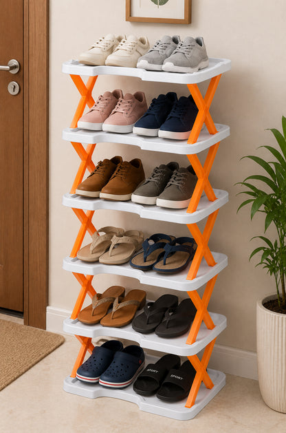 6-Tier Shoe Rack Storage Organizer with Sturdy X-Frame Support Premium PP Shelves, Space-Saving Multi-Layer Shoe Stand for Entryway, Bedroom, Closet & Living Room