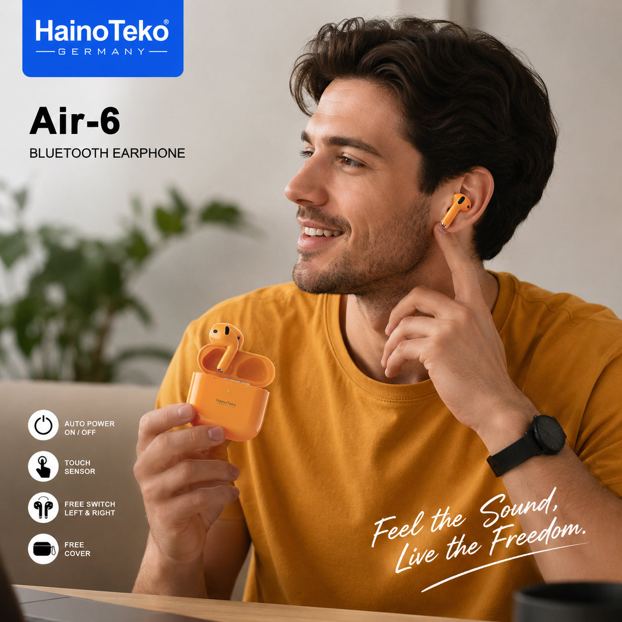HainoTeko Air-6 TWS Bluetooth Earbuds with Charging Case Built-in Speaker, Touch Control and HD Microphone Compatible With iPhones and iPads Orange