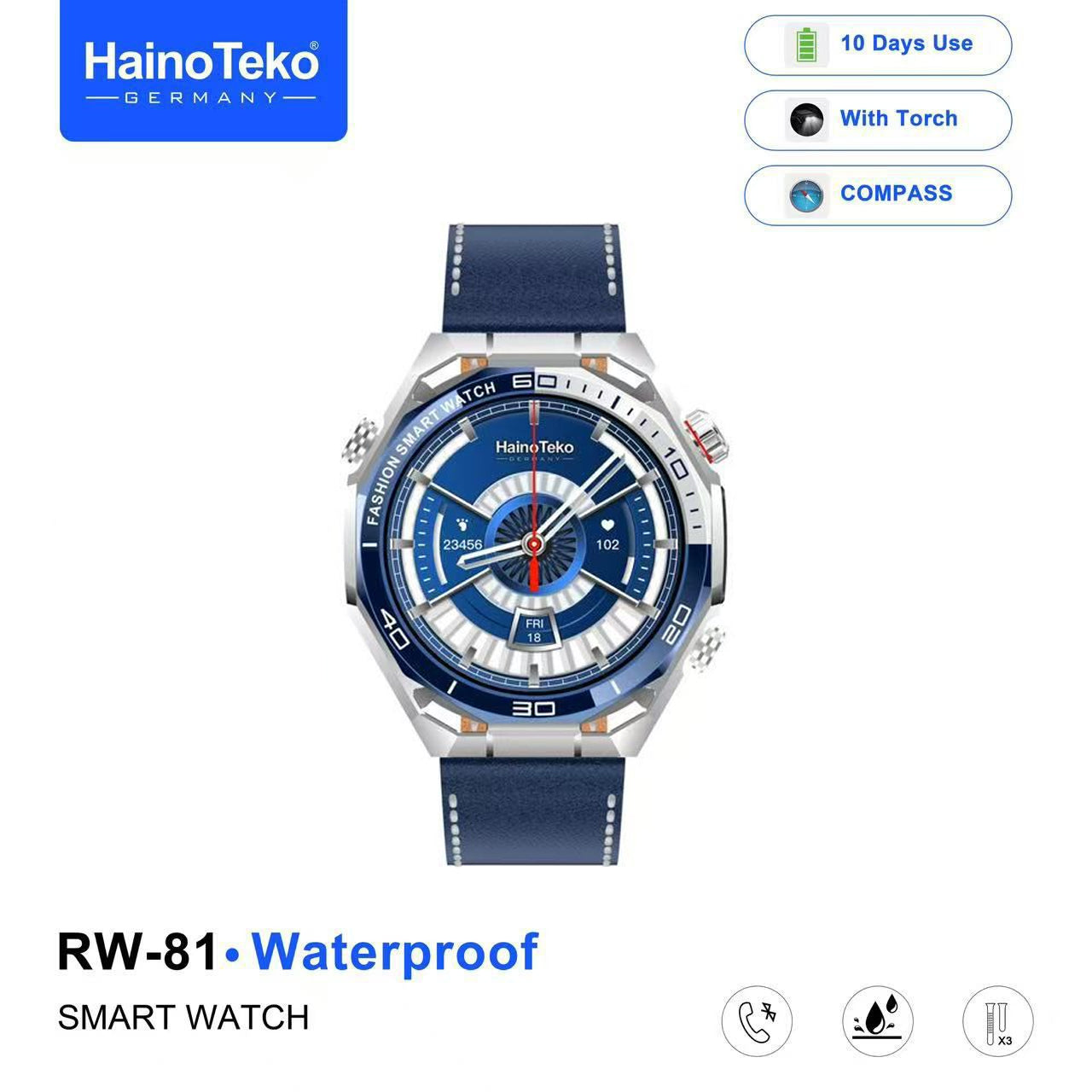 HainoTeko RW-81 Waterproof Smart Watch with Bluetooth Calling AMOLED Display 10 Days Battery Backup and 3 Pair Straps