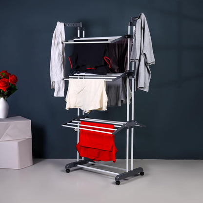 3 Tier Foldable Cloth Drying Stand with Wheels Heavy Duty Laundry Drying Rack for Indoor & Outdoor Use Space Saving Clothes Airer with Hanger Slots