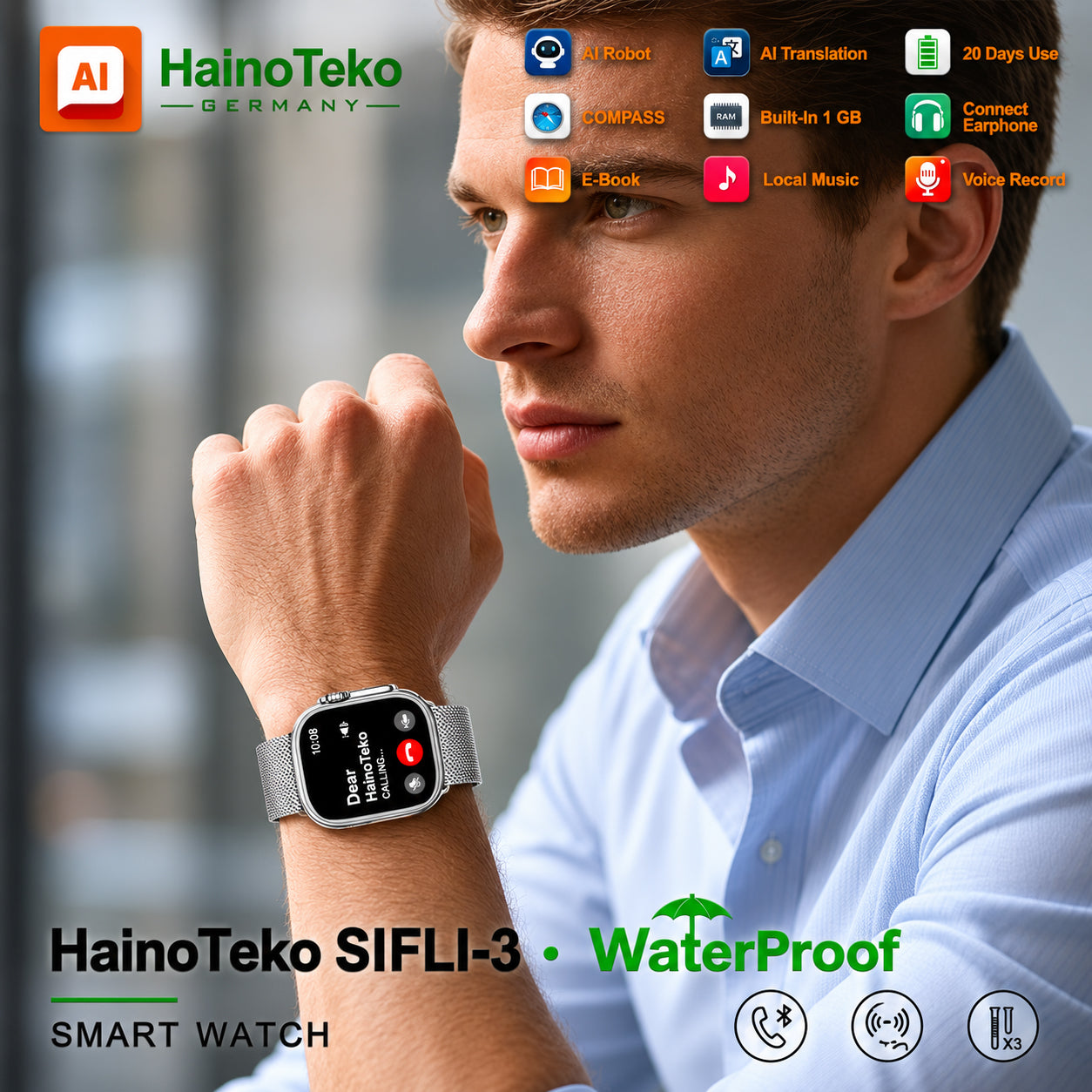 HainoTeko SIFLI-3 Waterproof Design Smart Watch with 2.02 Inch AMOLED Display BT Calling AI Translation 20 Days Battery Backup 3 Pair Straps and Charging Cable Designed for Men