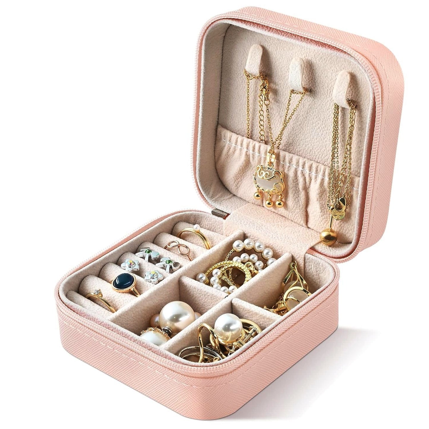 Portable Travel Jewelry Organizer Box with Zipper Compact Jewelry Storage Case for Rings, Earrings, Necklaces, Bracelets, Watches & Small Accessories