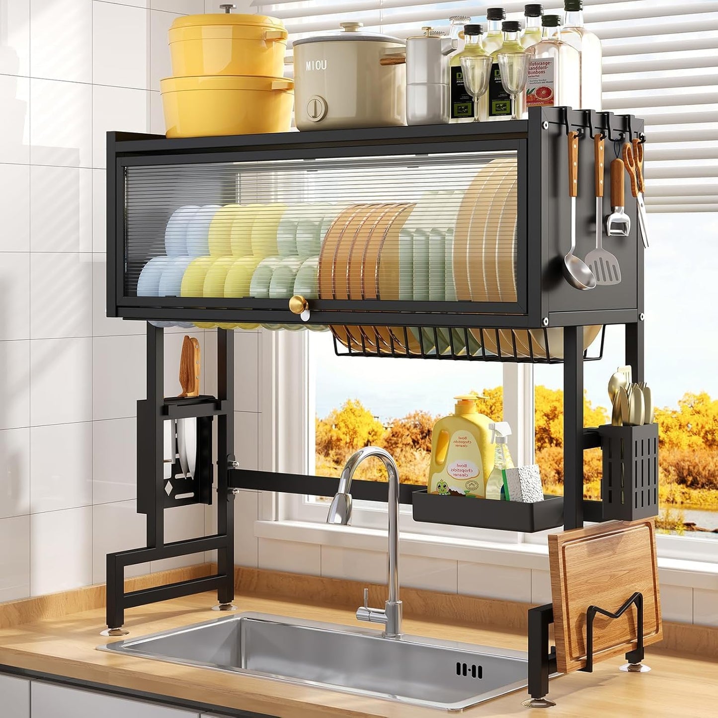 Multifunctional Kitchen Organizer Rack Over-Sink Kitchen Dish Drying Rack with Dustproof Sliding Cover,Utensil Holder, Knife Holder, Cutting Board Rack, Hooks & Drainage Shelf – Black