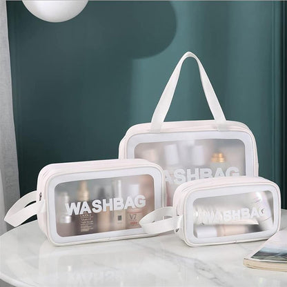 Set of 3 Waterproof Travel Wash Bags with Transparent Window Zipper Closure & Carry Handle – Portable Cosmetic, Toiletry & Makeup Organizer Set for Travel, Bathroom & Daily Use