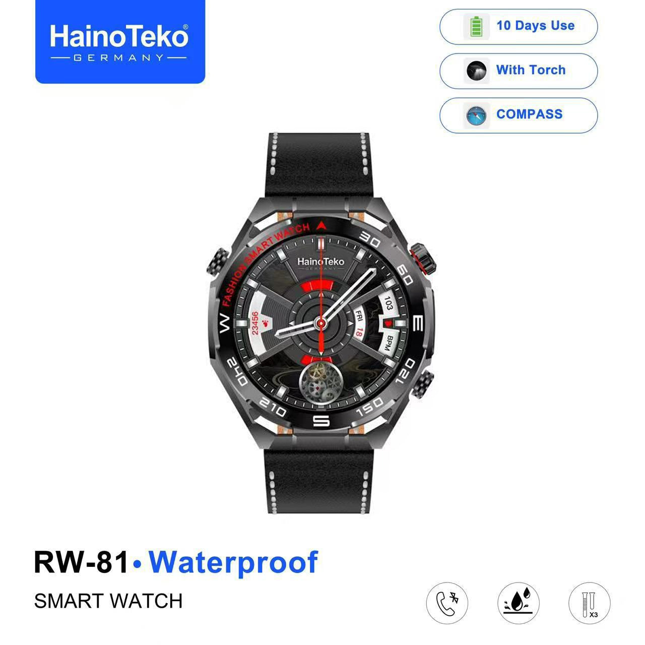 HainoTeko RW-81 Waterproof Smart Watch with Bluetooth Calling AMOLED Display 10 Days Battery Backup and 3 Pair Straps
