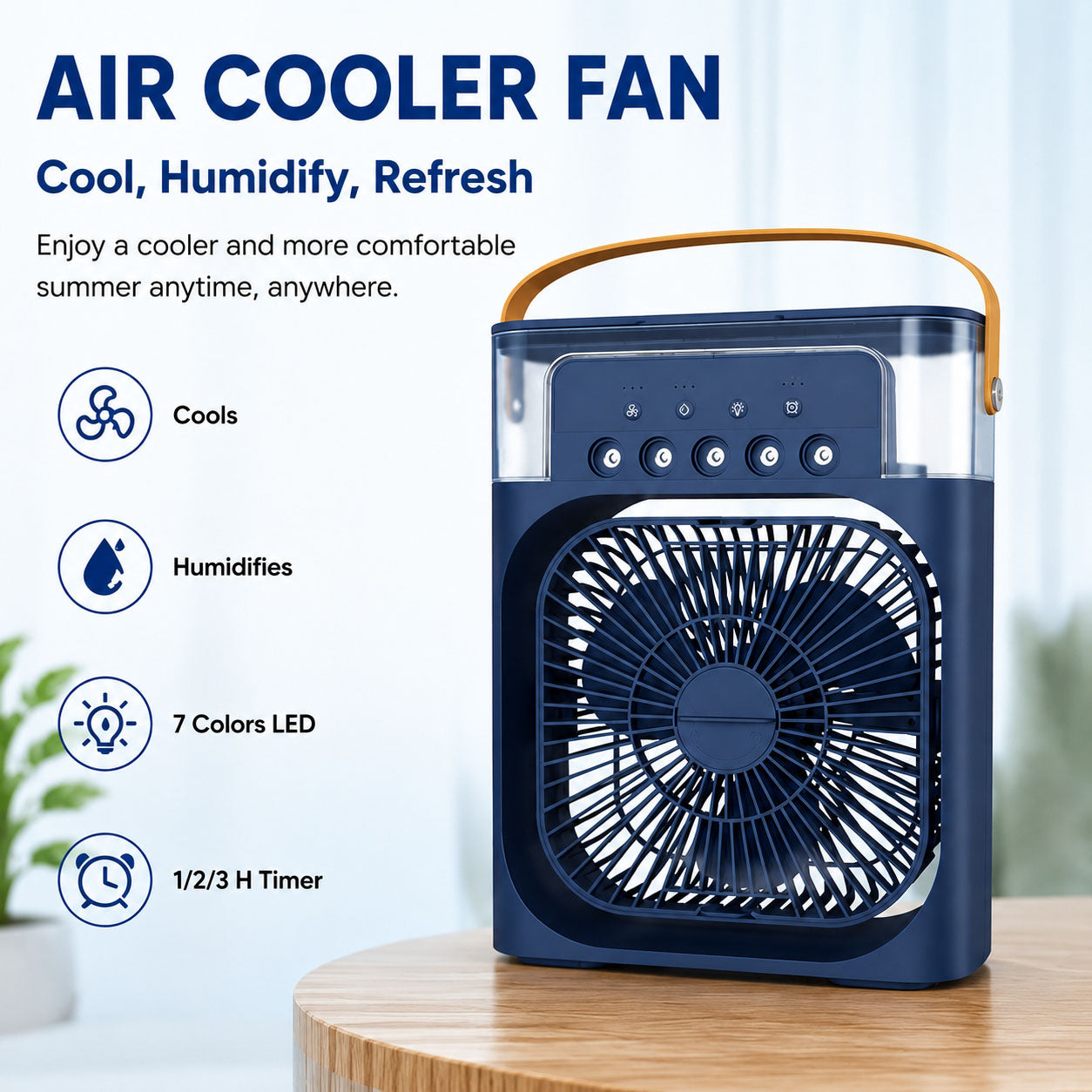Portable Air Cooler Fan with Humidifier 3-Speed Turbo Cooling LED Night Light USB Powered Personal Air Cooler for Home, Office & Travel Blue