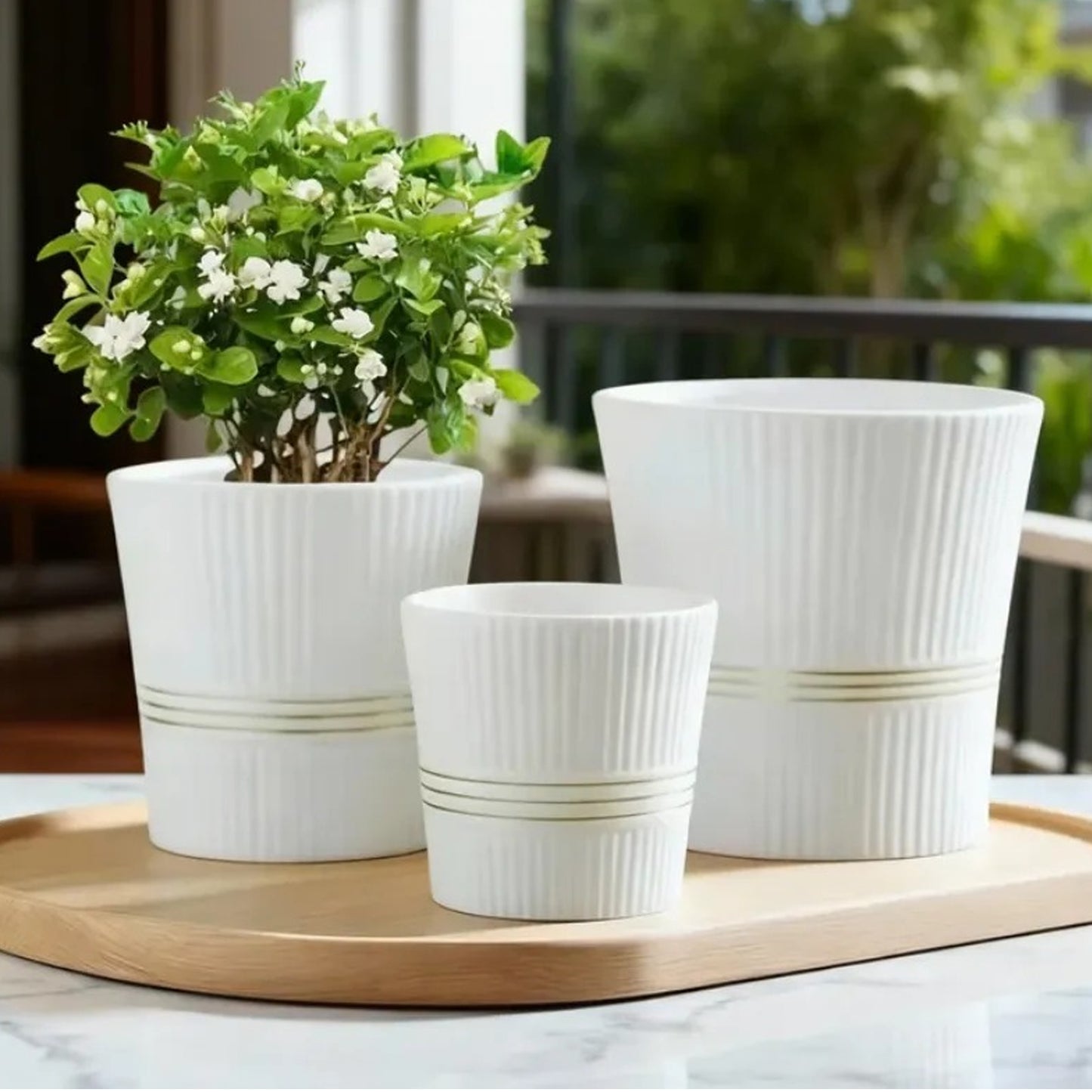 3-Piece Ceramic Plant Pot Set with Ribbed Design Decorative Indoor & Outdoor Flower Pots for Home, Balcony, Patio, Garden & Office White