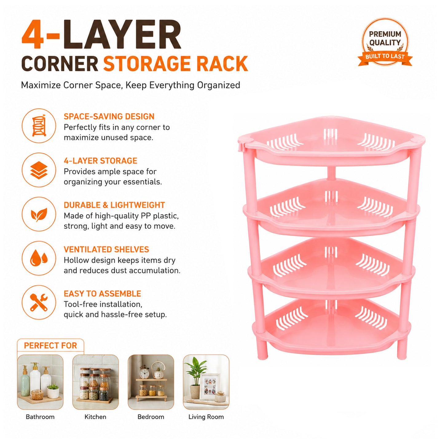 4-Layer Plastic Corner Storage Rack for Kitchen & Home – Space-Saving Multi-Tier Vegetable & Fruit Organizer Shelf, Durable Ventilated Storage Stand for Kitchen