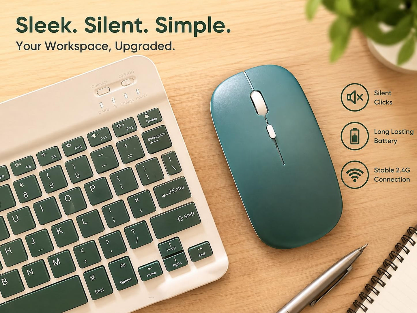 Wireless Rechargeable Keyboard & Mouse Combo with 2.4GHz USB Receiver, Silent Keys, Ergonomic Slim Design, Multi-Device Compatible for Windows, Android & iOS
