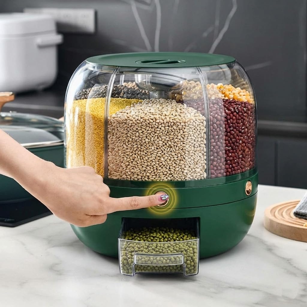 360° Rotating Multi-Compartment Storage Organizer with One-Touch Dispensing System, Transparent Visibility Design, Space-Saving Countertop Storage Container Green