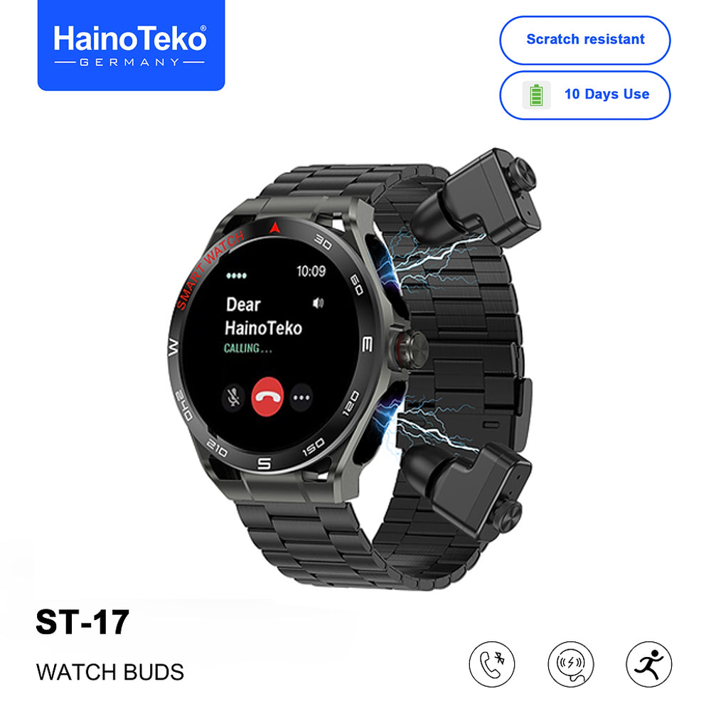HainoTeko ST-17 Watch Buds Smartwatch with Built-in Wireless Earbuds, AMOLED Display, Bluetooth Calling, 3 Interchangeable Straps Multiple Sports Modes and 10-Day Battery Life Designed for Men