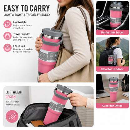 900ML Vacuum Insulated Stainless Steel Travel Mug with Handle & Reusable Straw, Double Wall Thermal Tumbler with 3-Way Leak-Resistant Lid, BPA-Free Cup Holder Friendly for Hot & Cold Drinks