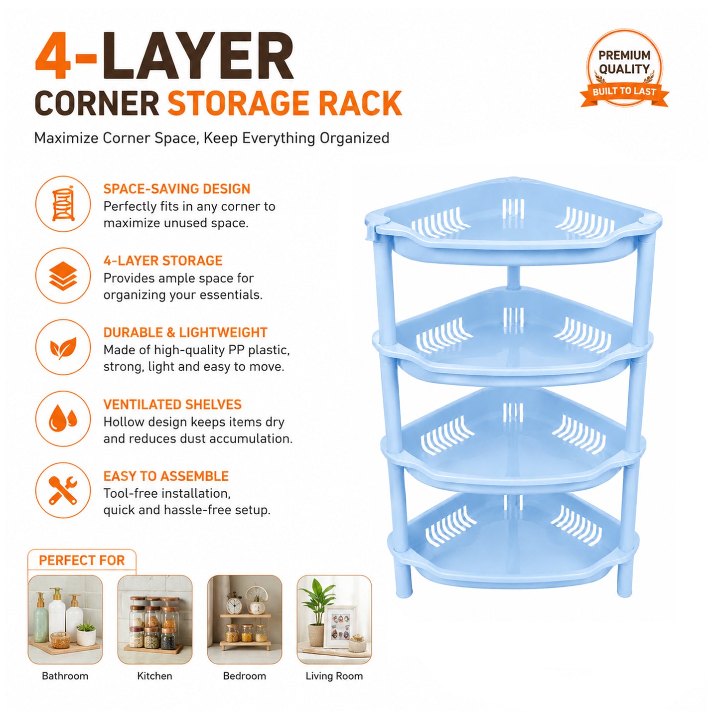 4-Layer Plastic Corner Storage Rack for Kitchen & Home – Space-Saving Multi-Tier Vegetable & Fruit Organizer Shelf, Durable Ventilated Storage Stand for Kitchen