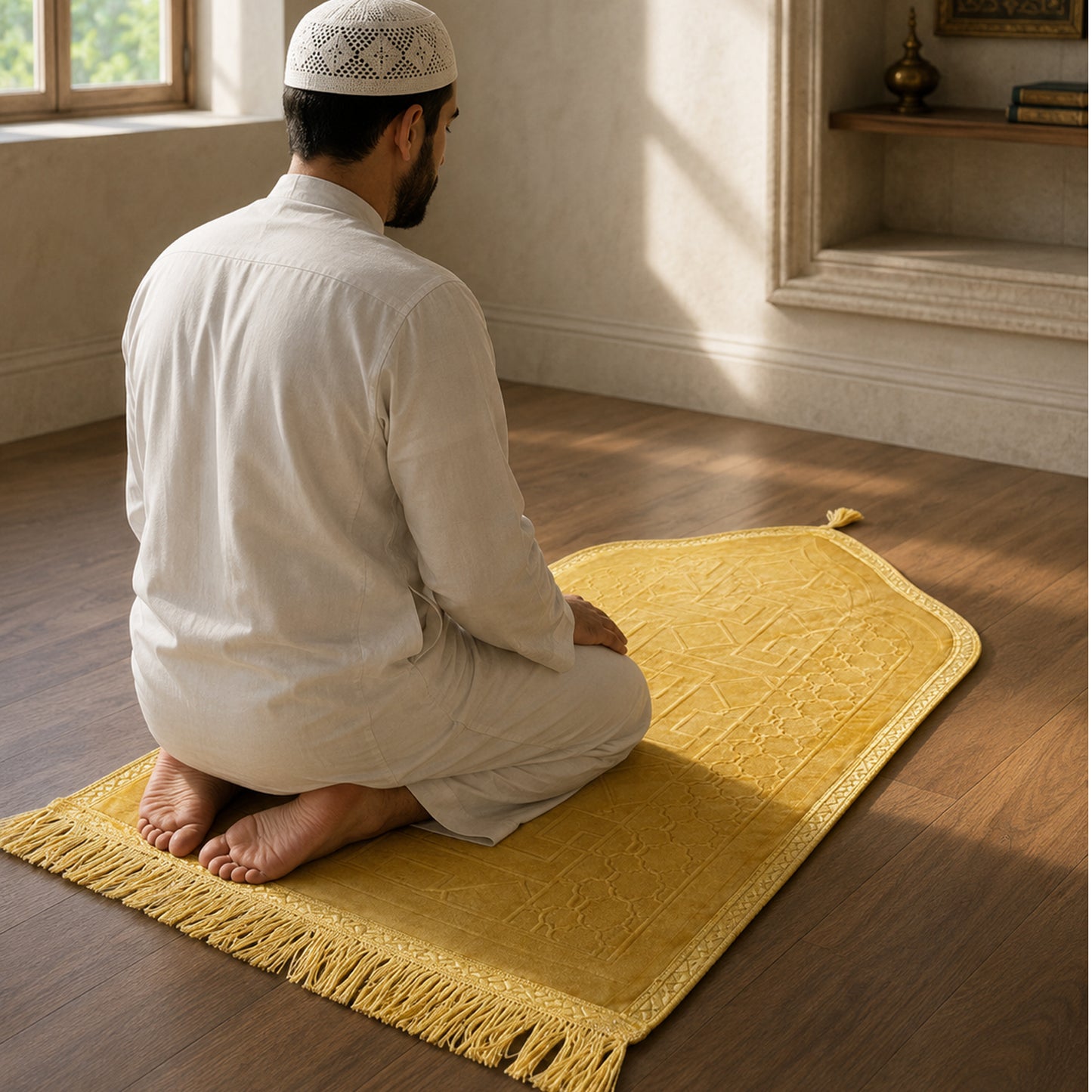 Luxury Velvet Islamic Prayer Mat with Mihrab Design & Decorative Fringe Soft Plush Muslim Salah Prayer Rug, 60 x 35 cm