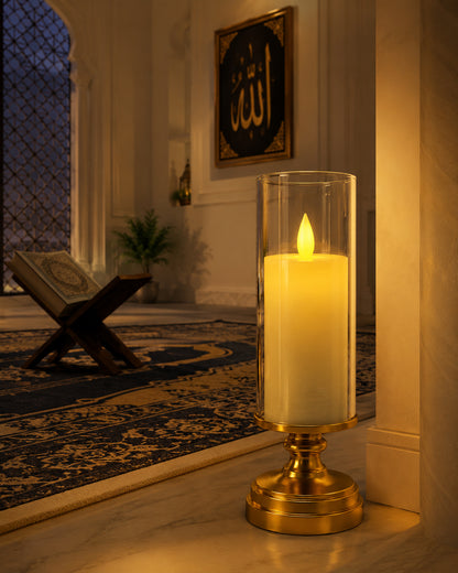 Flameless LED Candle Table Lamp with Glass Cover & Gold Base – Warm Flickering Decorative Light for Home and Office Decor