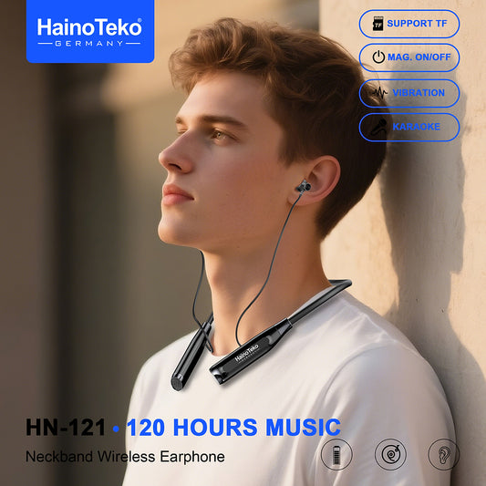 HainoTeko HN-121 Neckband Wireless Earphones 120 Hours Music Playback with Magnetic Power On/Off TF Card Support Vibration Alert and Karaoke Mode Black