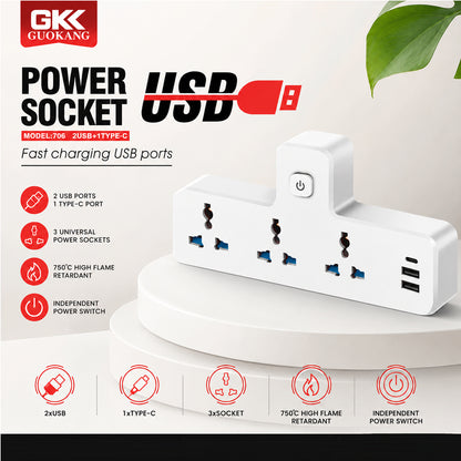 GKK Guokang 706 Universal Power Socket Adapter with 3 AC Outlets, 2 USB Ports & 1 Type-C Fast Charging Port, Individual Power Switch, Flame-Retardant Multi Plug Extension Adapter White