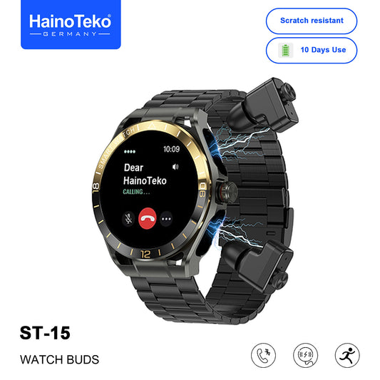 HainoTeko ST-15 Watch Buds Smartwatch with Built-in Earbuds Bluetooth Calling, AMOLED Display, 10-Day Battery Life, Health Monitoring and 3 Pair Straps Designed for Men