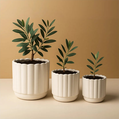 Set of 3 Decorative Fluted Plant Pots with Drainage Tray Modern Round Flower Pots for Indoor & Outdoor Plants,Home, Balcony, Patio & Office Decor White