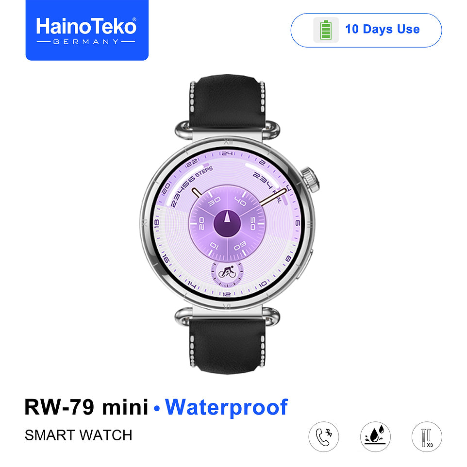 HainoTeko RW-79 Mini Waterproof Smart Watch with AMOLED Display Bluetooth Call 3 Interchangeable Straps and Charging Cable Designed for Ladies