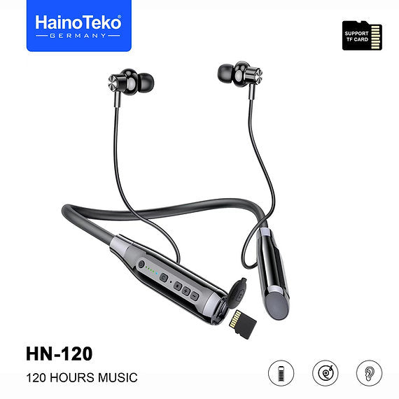 HainoTeko Germany Haino Teko HN120 Bluetooth Neck Band 120 Hours Music With High Bass Sound Quality Super Clear Mic and Support TF Card Black