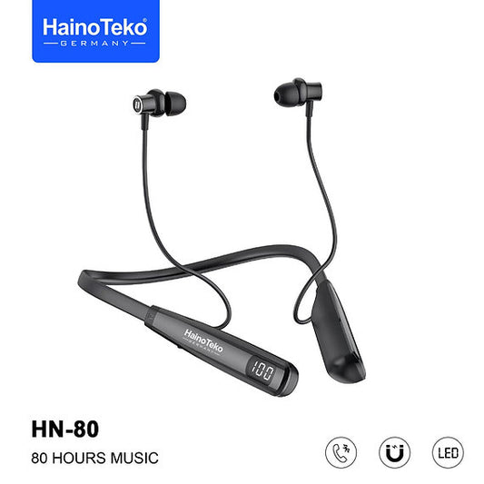 HainoTeko HN-80 Wireless Neckband Bluetooth Earphones with 80 Hours Playtime, Deep Bass, Magnetic Earbuds, LED Display, Fast Charging & HD Mic for Calls Black