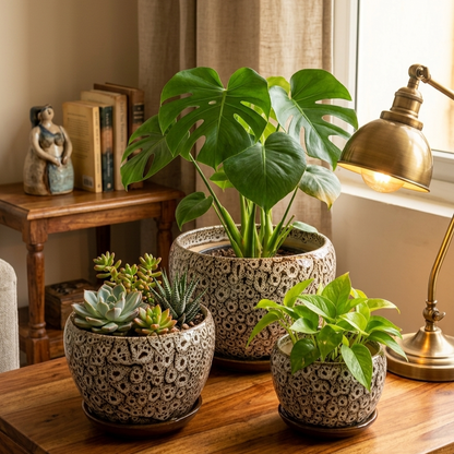 Set of 3 Speckled Ceramic Planters and Organiser Bowls Versatile Desktop Storage Containers, Decorative Indoor Plant Pots for Modern Home and Office